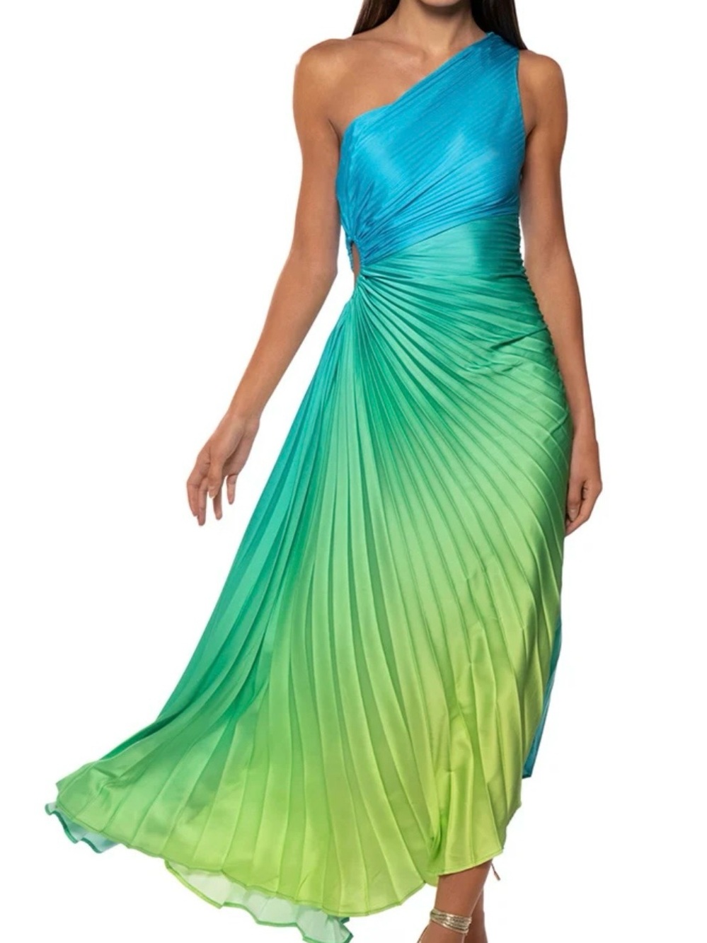 One-Shoulder Blue to Green Ombre Pleated Evening Dress NWT